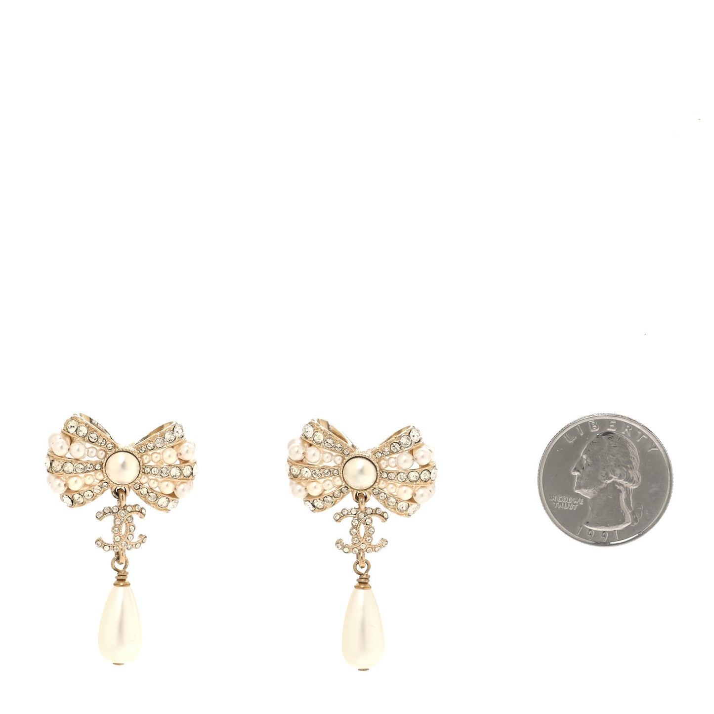 Crystal Pearl CC Bow Drop Earrings Gold Pearly White