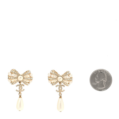 Chanel Crystal Pearl CC Bow Drop Earrings Gold Pearly White 2 of 5