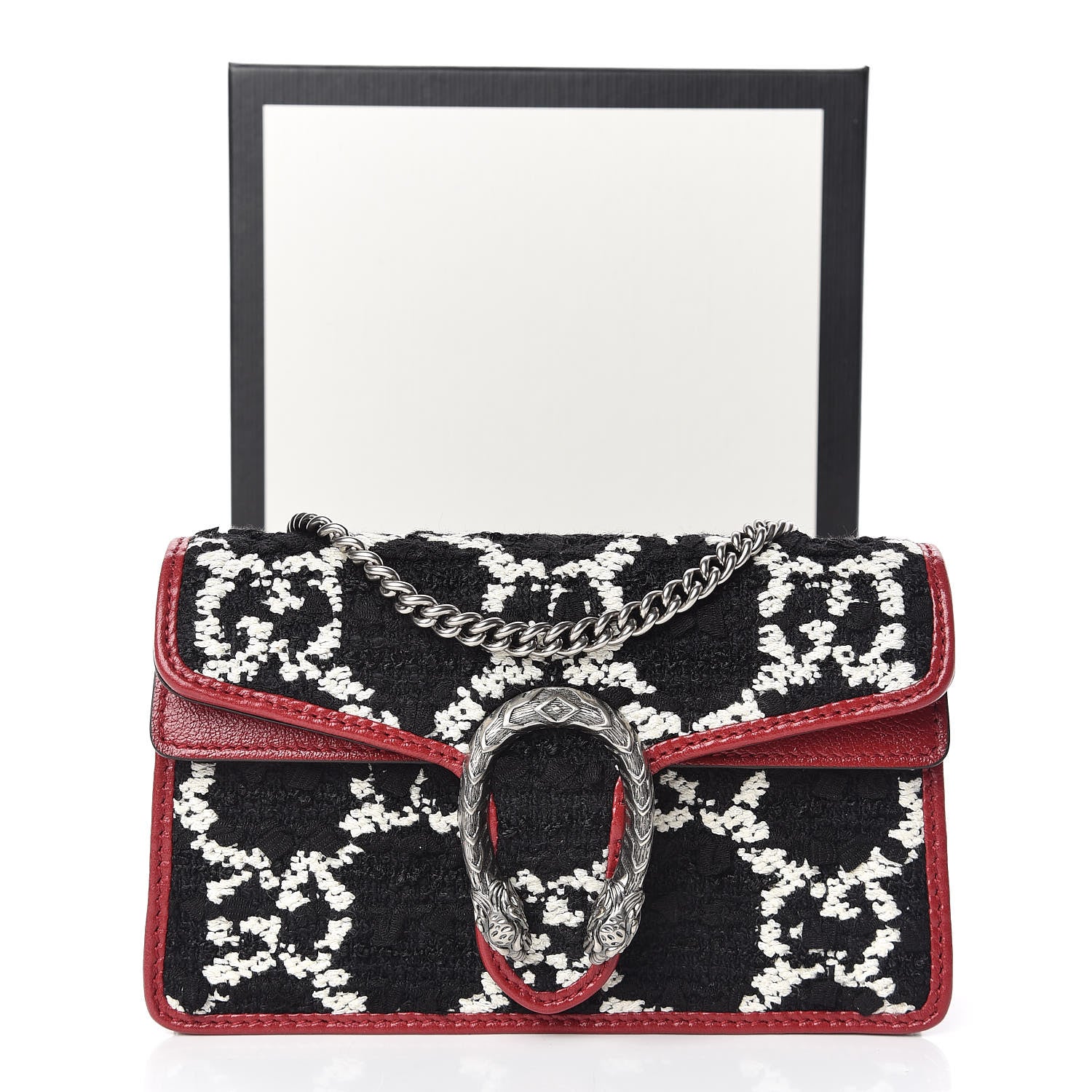 Gucci Tweed GG Monogram Super Mini Dionysus Shoulder Bag Black White Romantic Cherry 10 of 10
