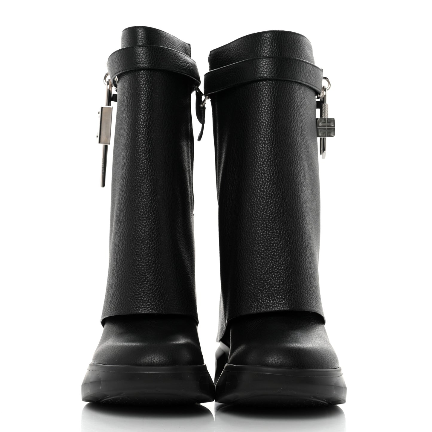 Grained Calfskin Shark Lock Biker Ankle Boots 39 Black