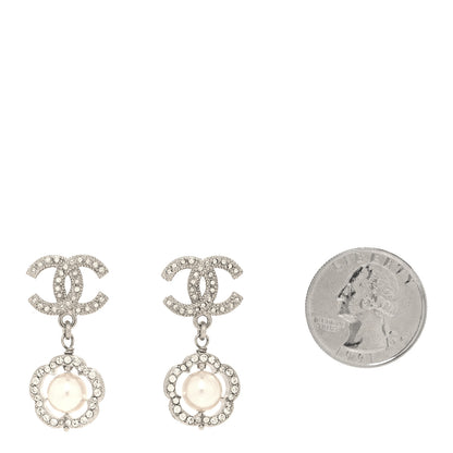 Chanel Crystal Pearl Camellia CC Coco Flapper Drop Earrings Silver 2 of 5