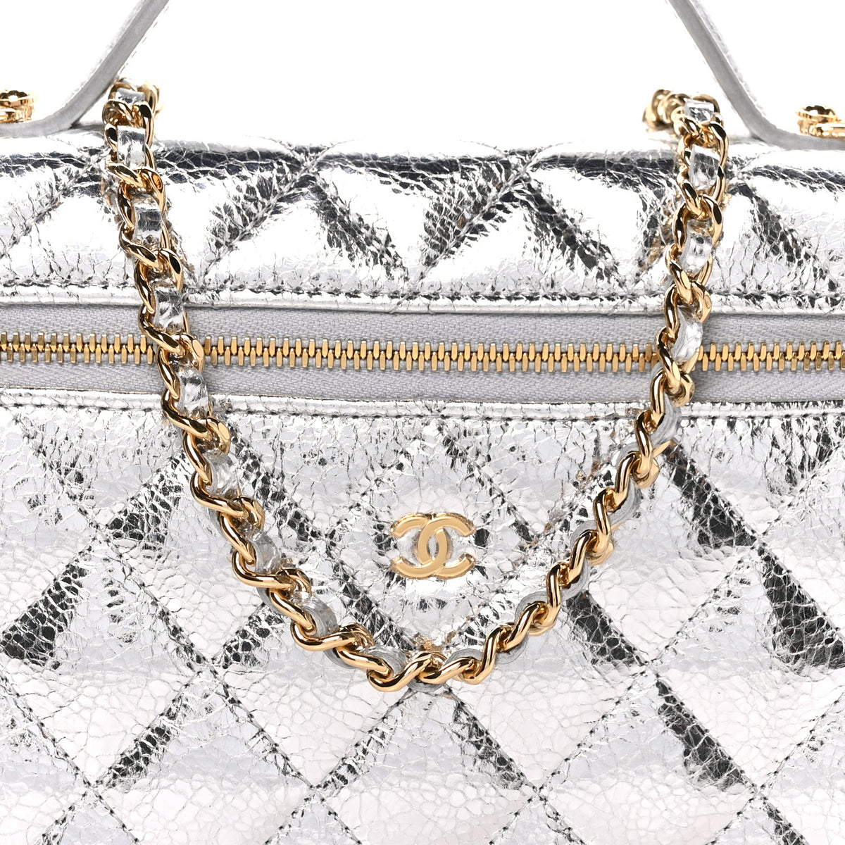 Chanel Metallic Calfskin Quilted Top Handle Slim Vanity With Chain Silver 8 of 10