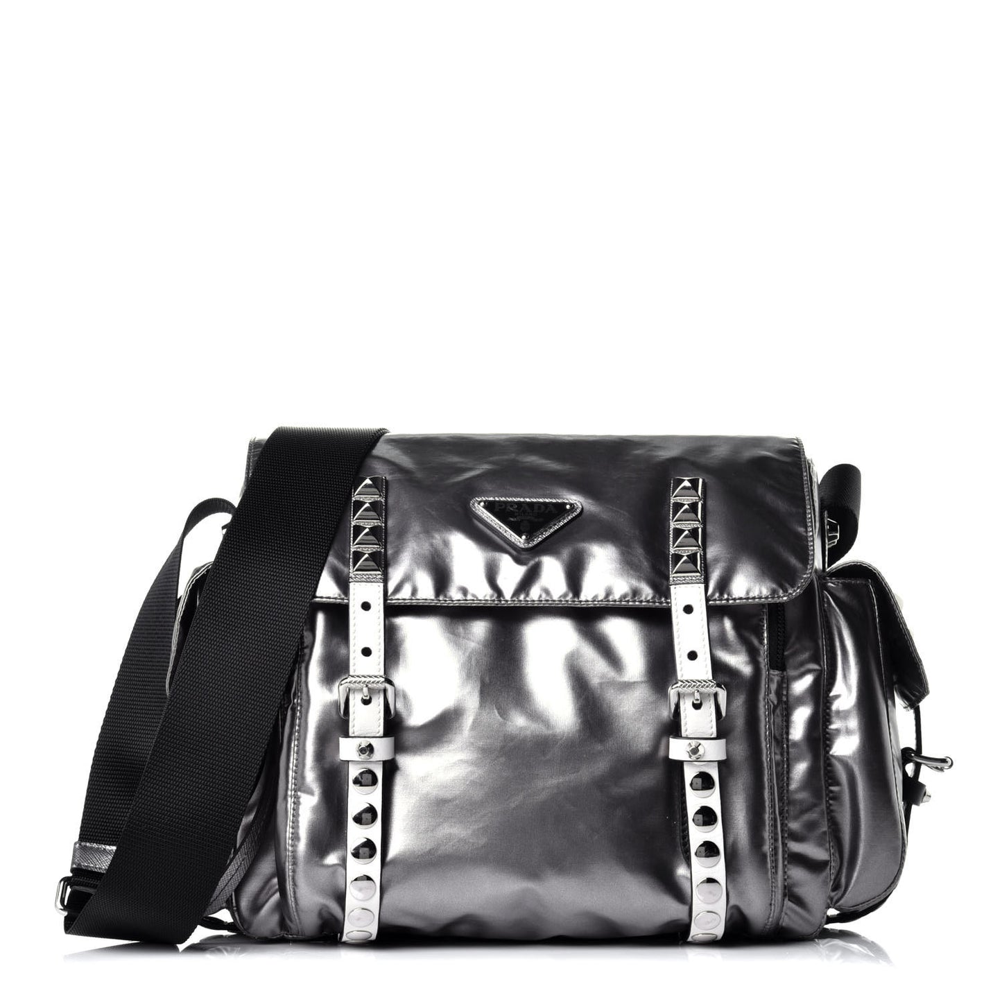 Metallic Nylon Studded Messenger Bag Ferro Black