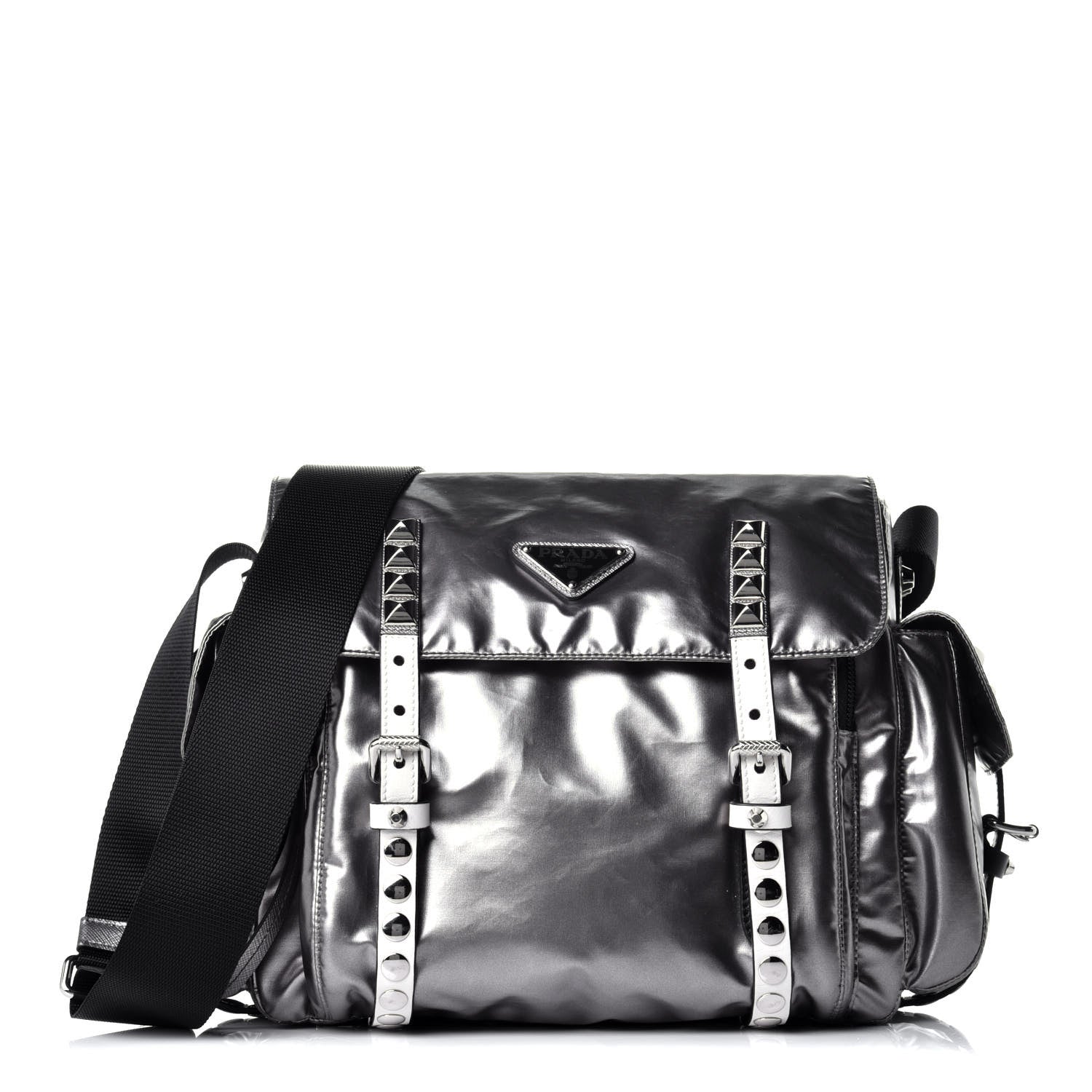 Prada Metallic Nylon Studded Messenger Bag Ferro Black 1 of 8