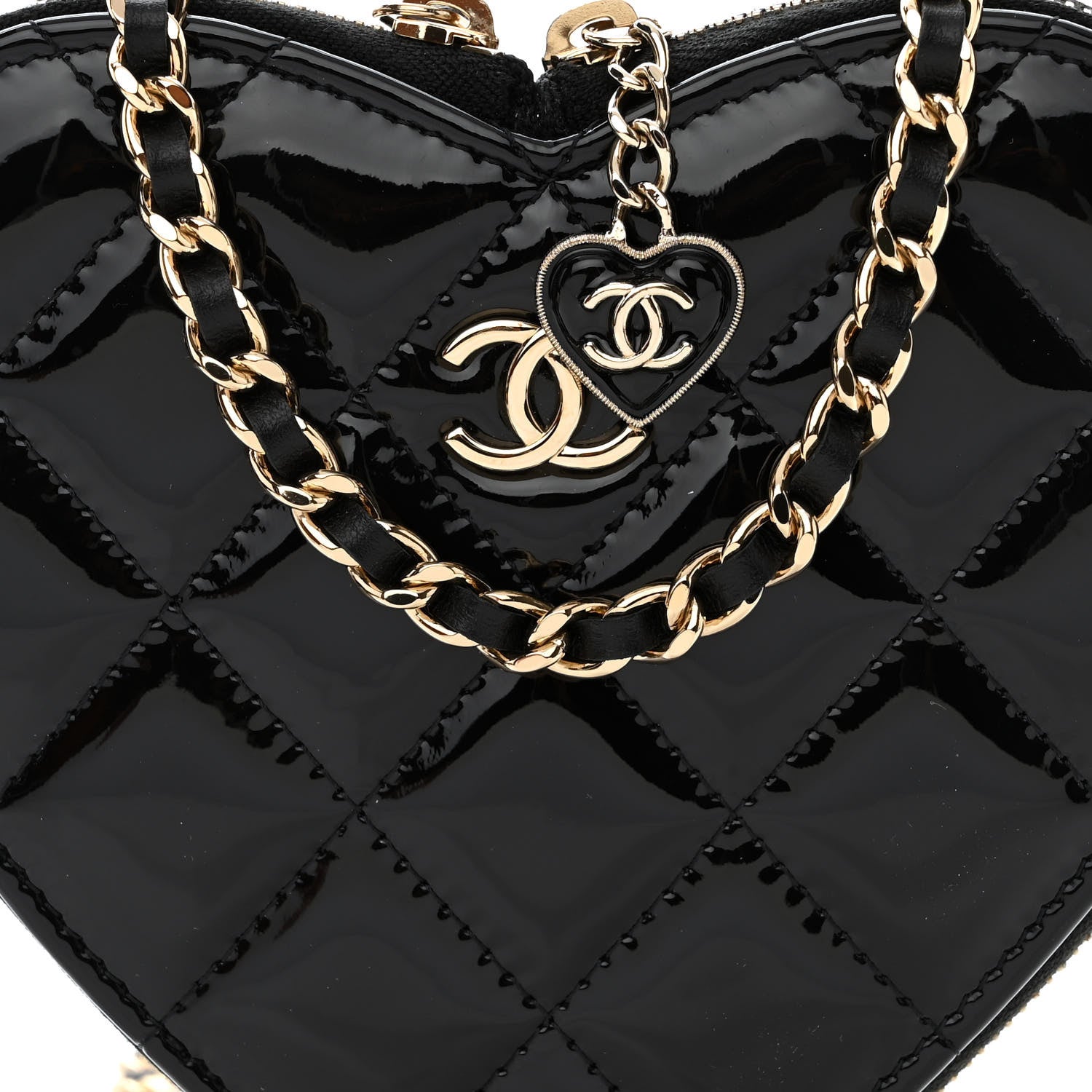 Chanel Patent Calfskin Resin Quilted CC Heart Clutch With Chain Black 10 of 12