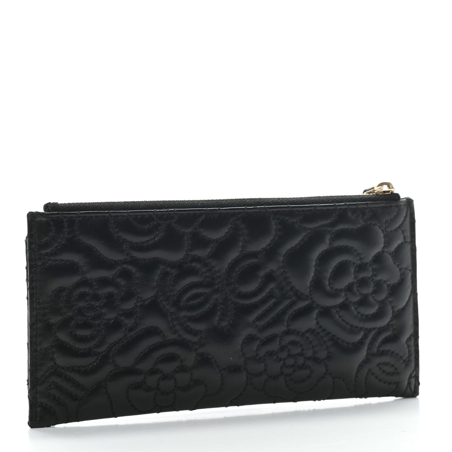 Lambskin Camellia Embossed Classic Zip Pouch Black
