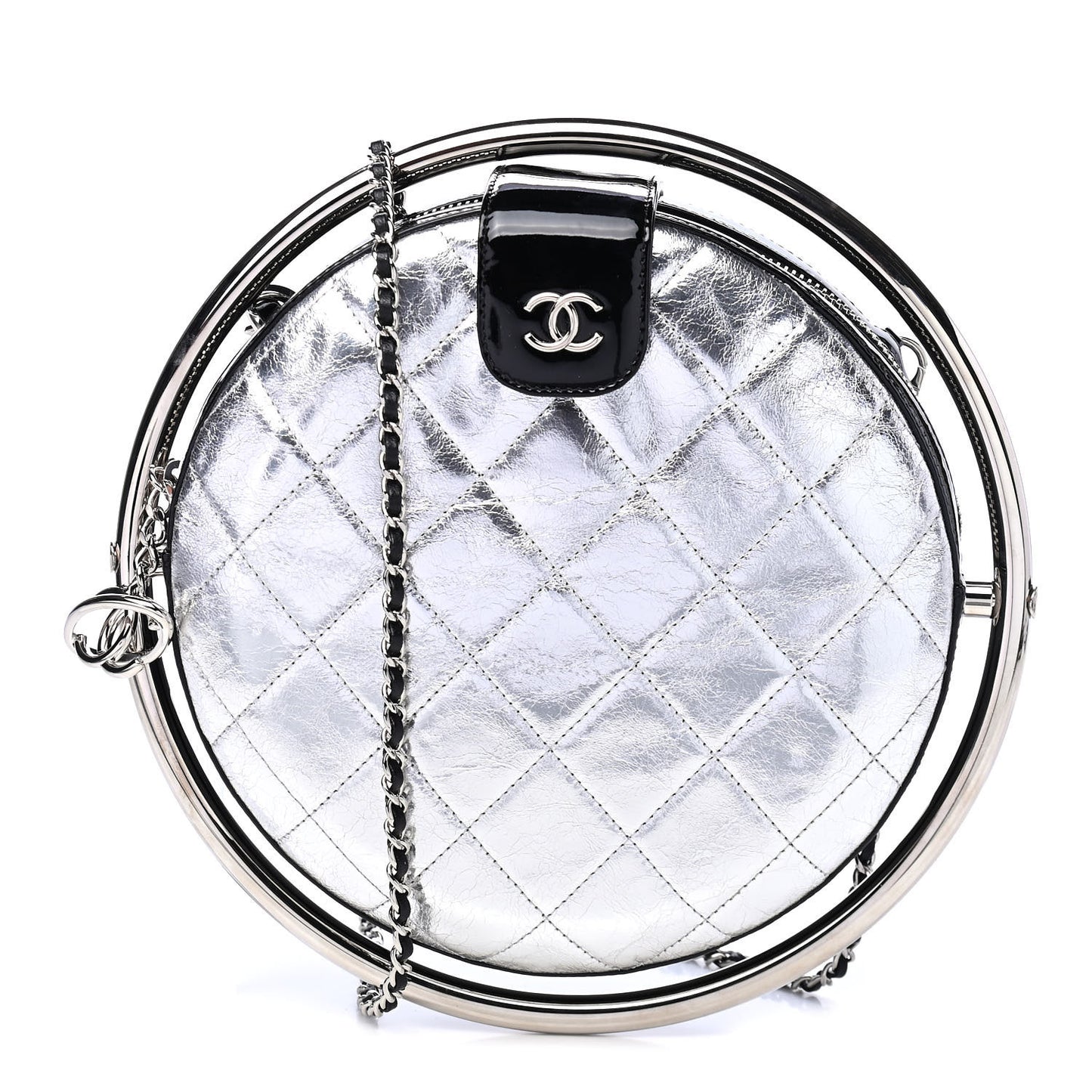 Metallic Aged Calfskin Patent Planet Minaudiere Shoulder Bag Silver
