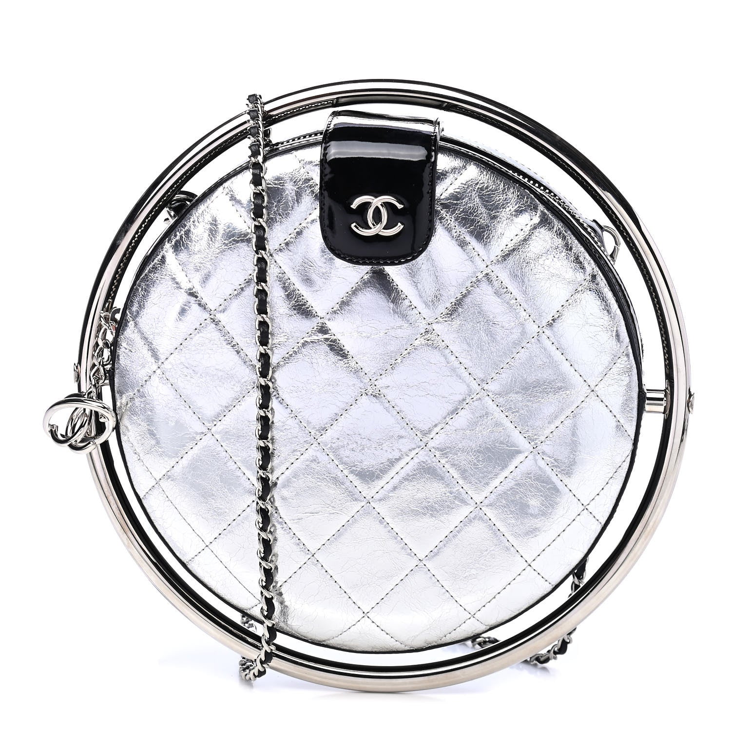 Chanel Metallic Aged Calfskin Patent Planet Minaudiere Shoulder Bag Silver 1 of 6