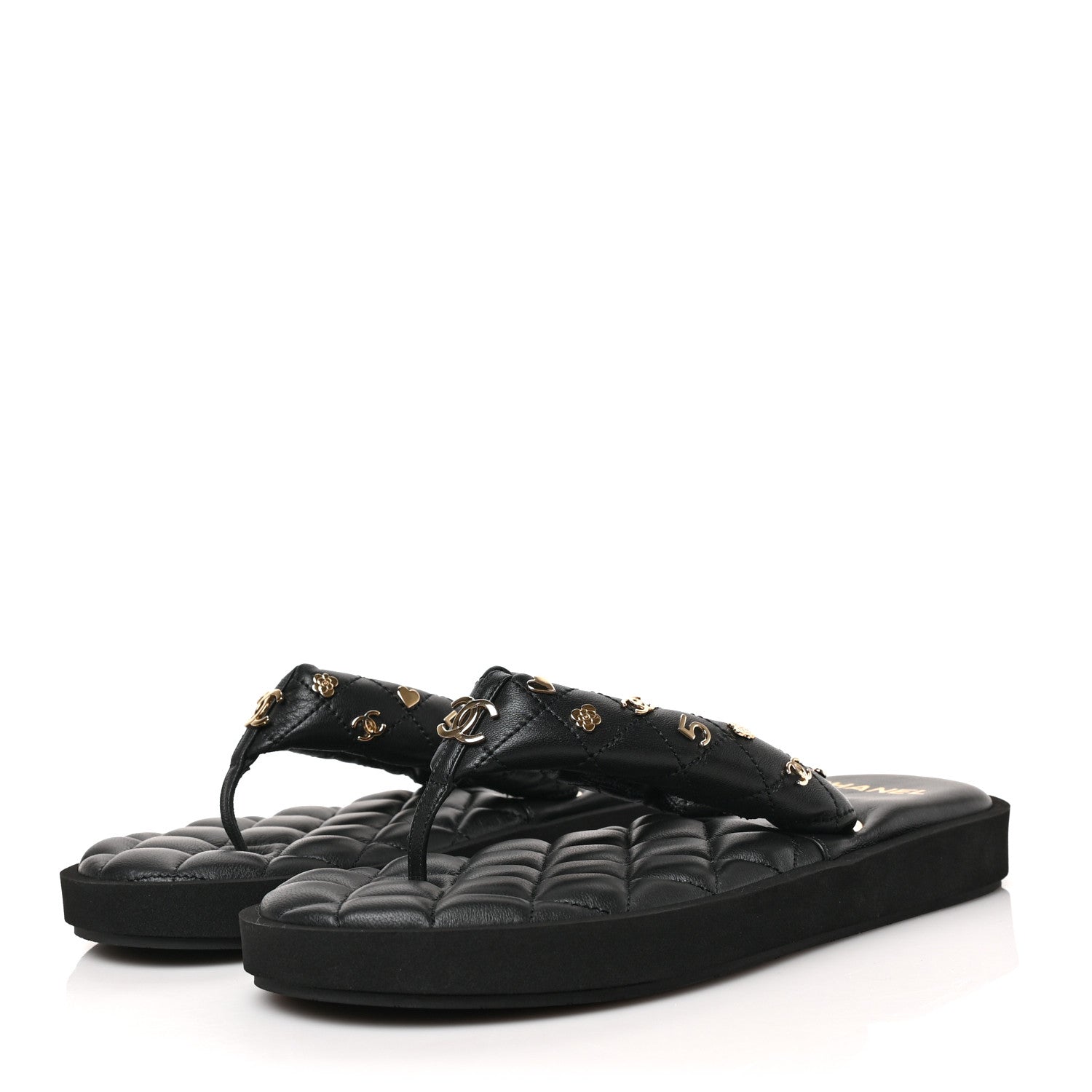 Chanel Lambskin Quilted Padded Charms Thong Sandals 39.5 Black 3 of 8