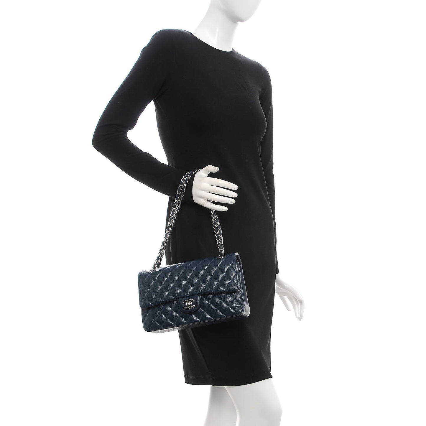 Caviar Quilted Medium Double Flap Navy