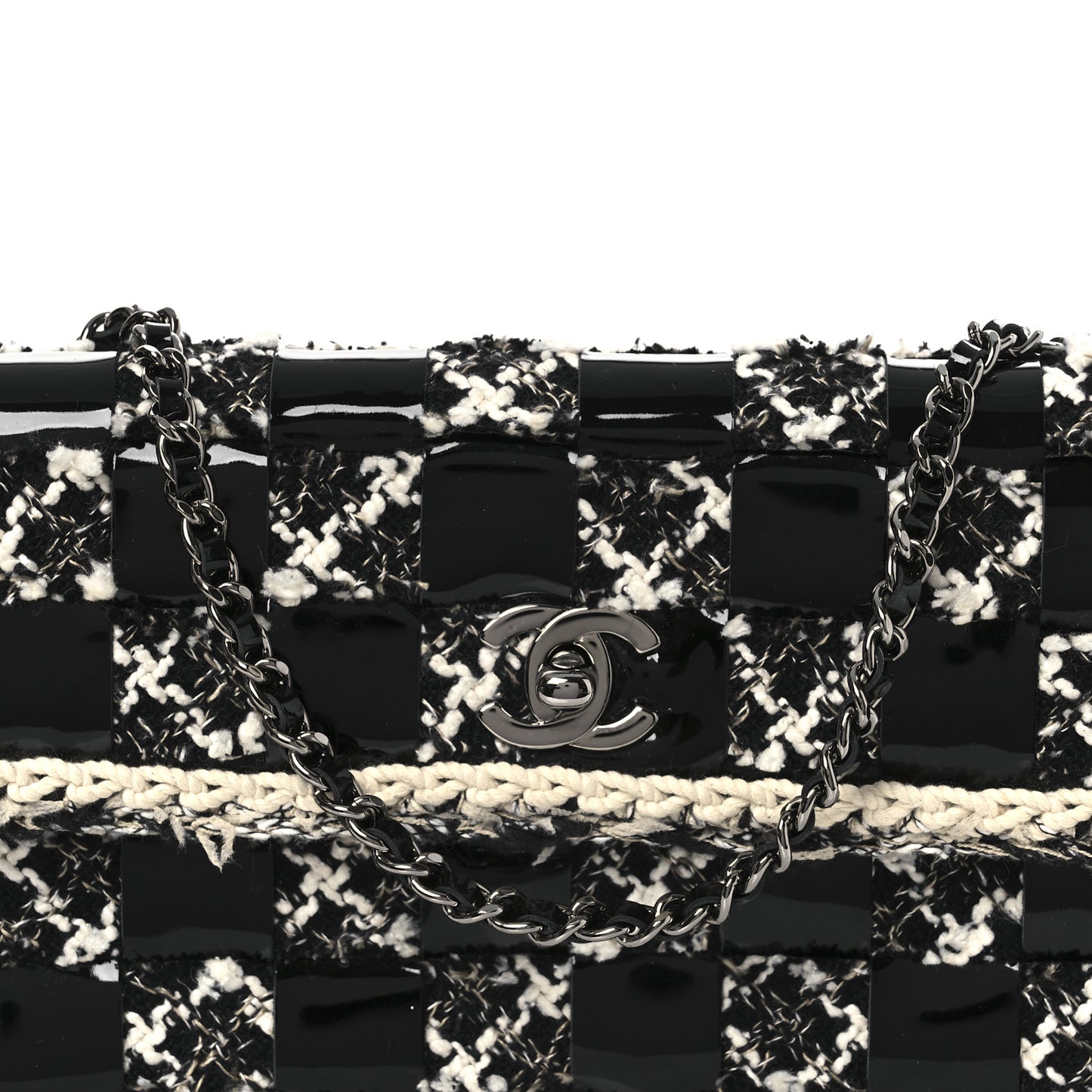 Tweed Patent Quilted Rectangular Flap Black White