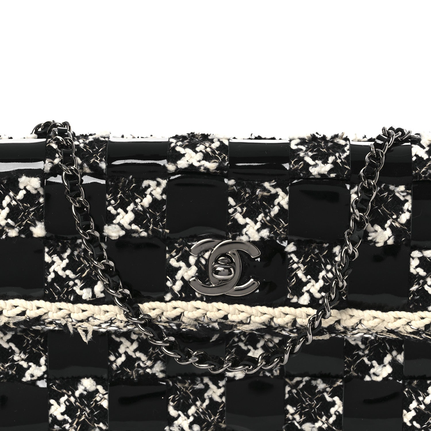Chanel Tweed Patent Quilted Rectangular Flap Black White 8 of 10