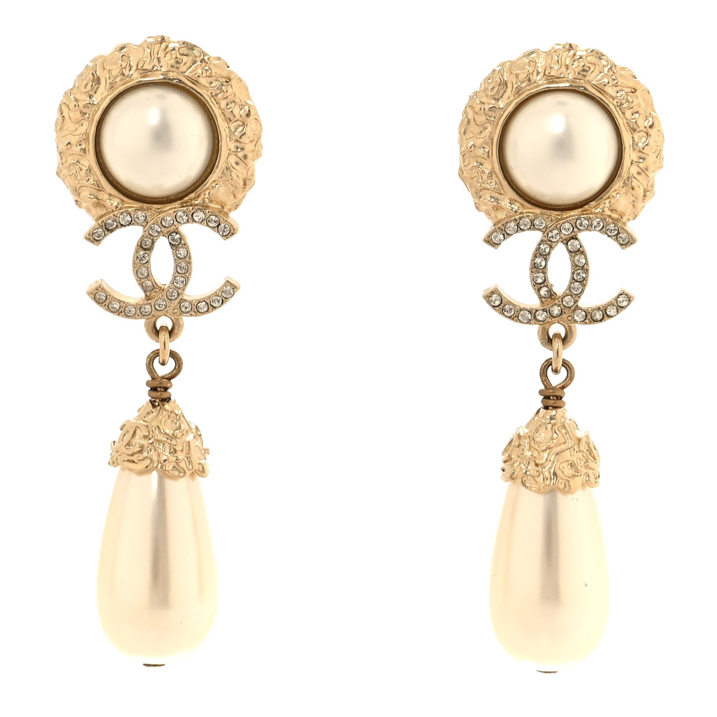 Metal Pearl Crystal Textured Teardrop CC Drop Earrings Gold