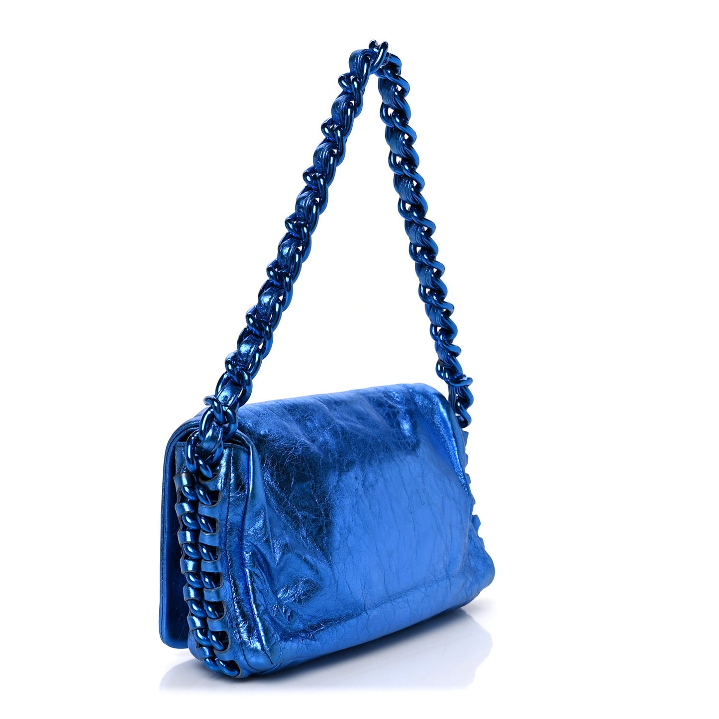 Metallic Cracked Calfskin Modern Chain Flap Bag Blue