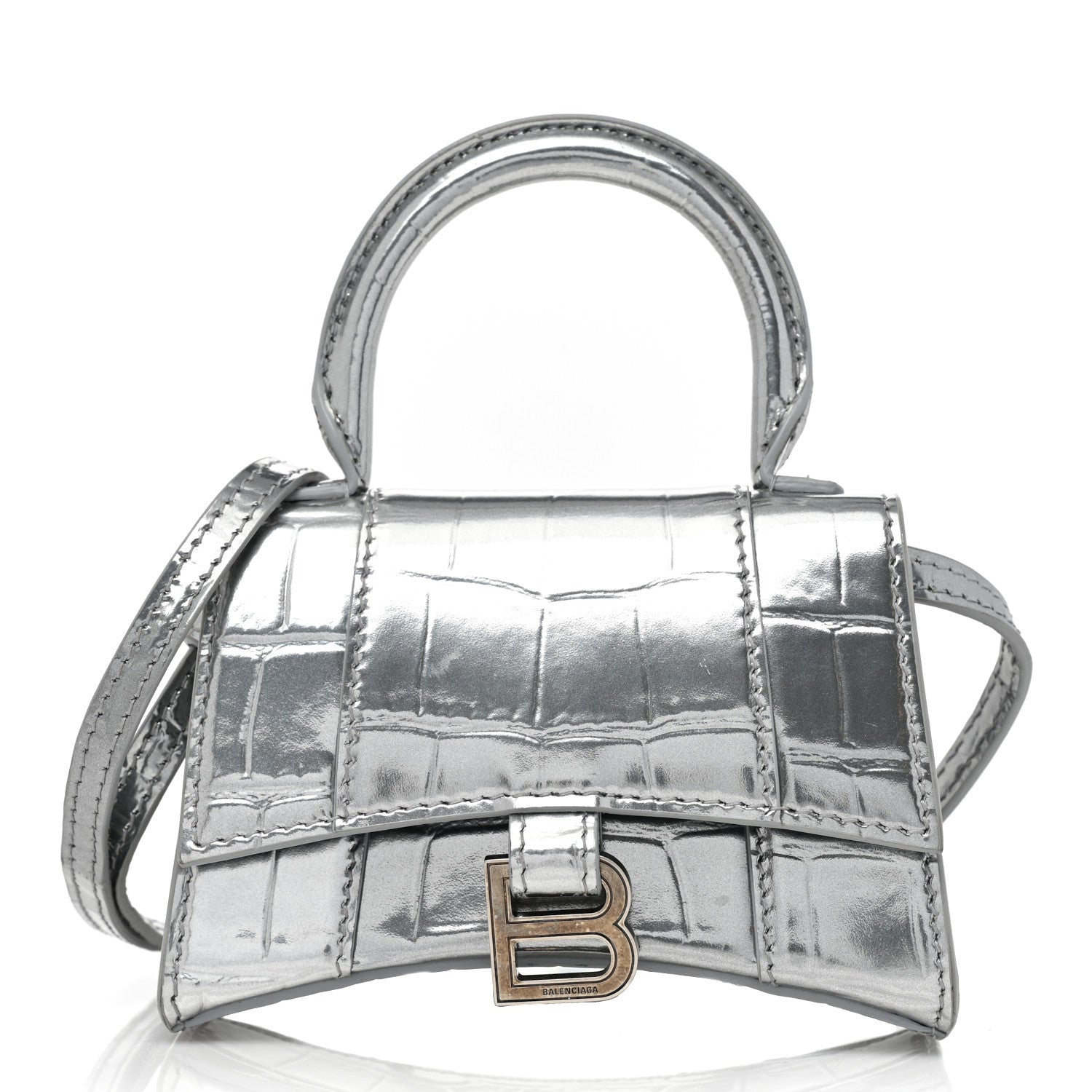 Balenciaga Metallic Calfskin Crocodile Embossed Hourglass Top Handle Bag Mini Silver 1 of 7
