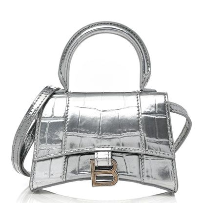 Balenciaga Metallic Calfskin Crocodile Embossed Hourglass Top Handle Bag Mini Silver 1 of 7