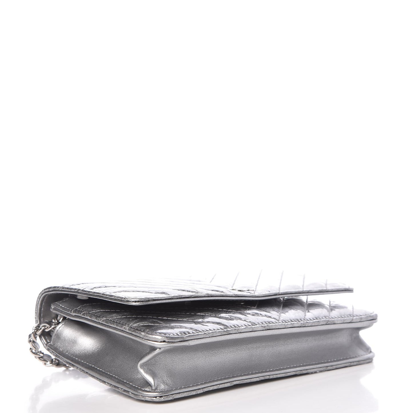Patent Metallic Crumpled Calfskin Chevron Quilted Wallet On Chain WOC Silver