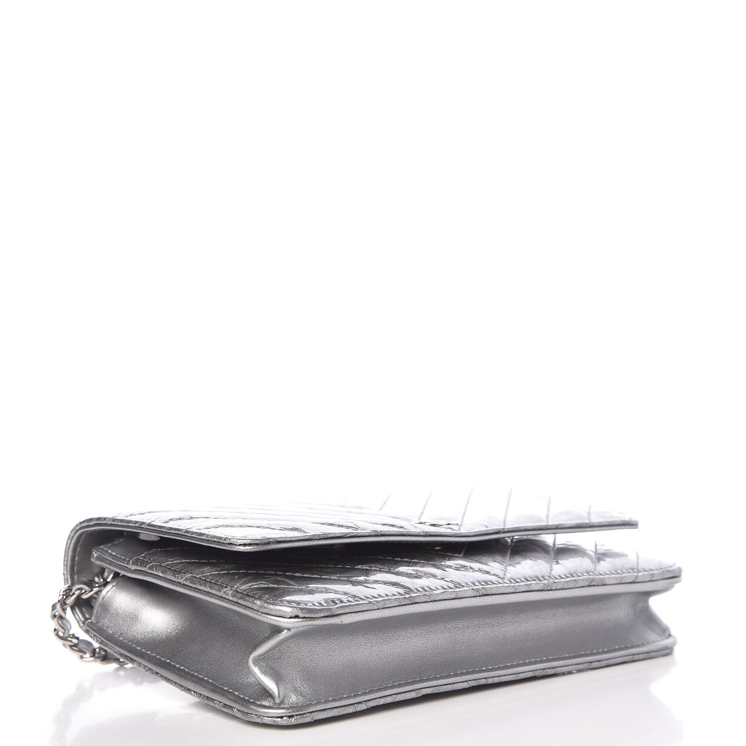 Chanel Patent Metallic Crumpled Calfskin Chevron Quilted Wallet On Chain WOC Silver 4 of 9