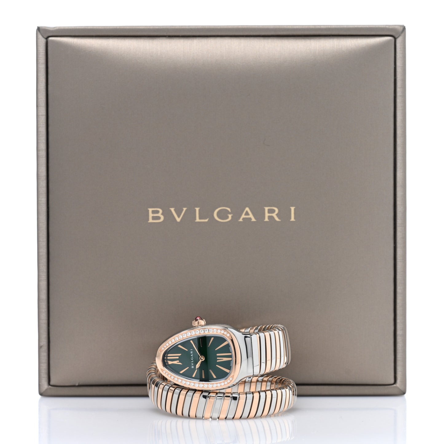 Stainless Steel 18K Rose Gold Diamond Bezel 35mm Serpenti Tubogas Quartz Watch Green