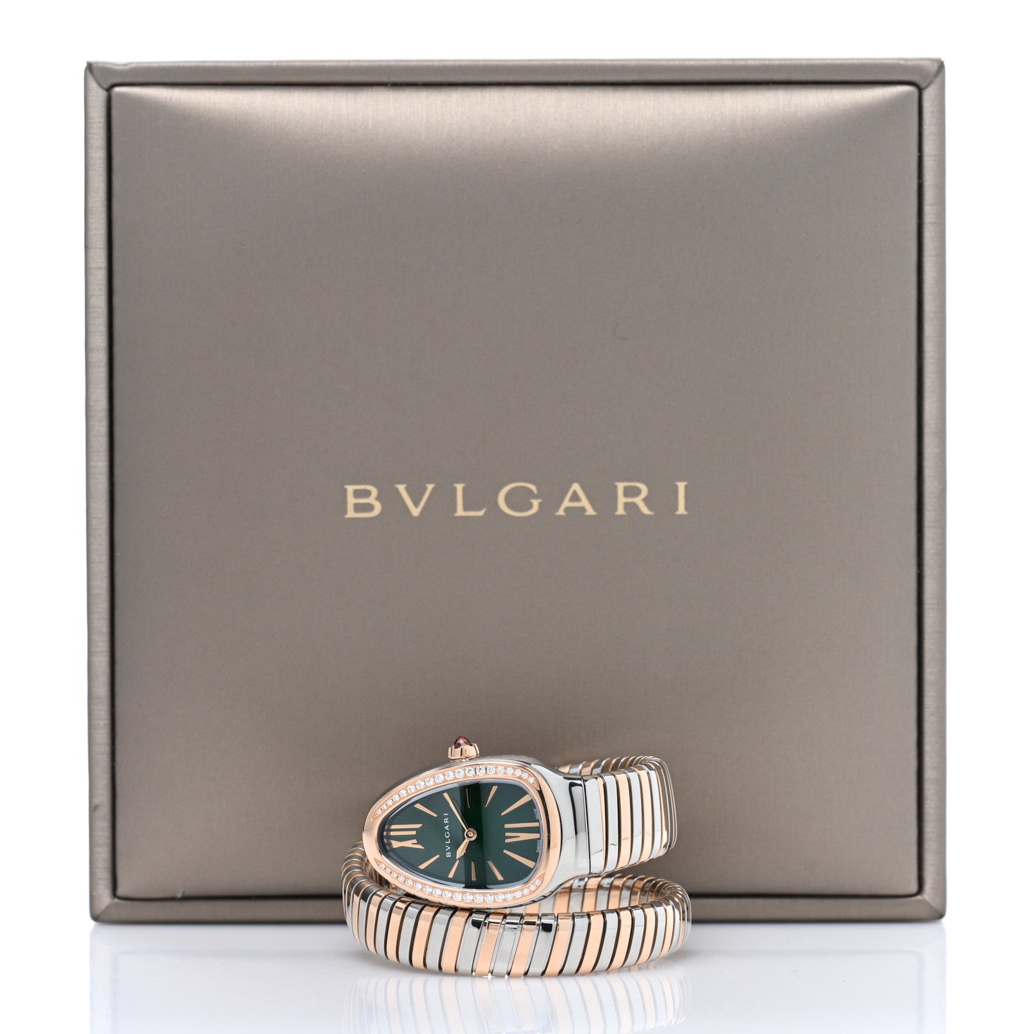 Bulgari Stainless Steel 18K Rose Gold Diamond Bezel 35mm Serpenti Tubogas Quartz Watch Green 5 of 5