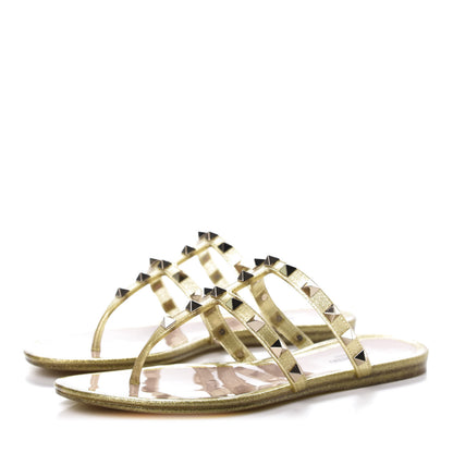 Valentino Garavani PVC Jelly Glitter Rockstud Caged Flat Thong Sandals 35 Oro 3 of 8