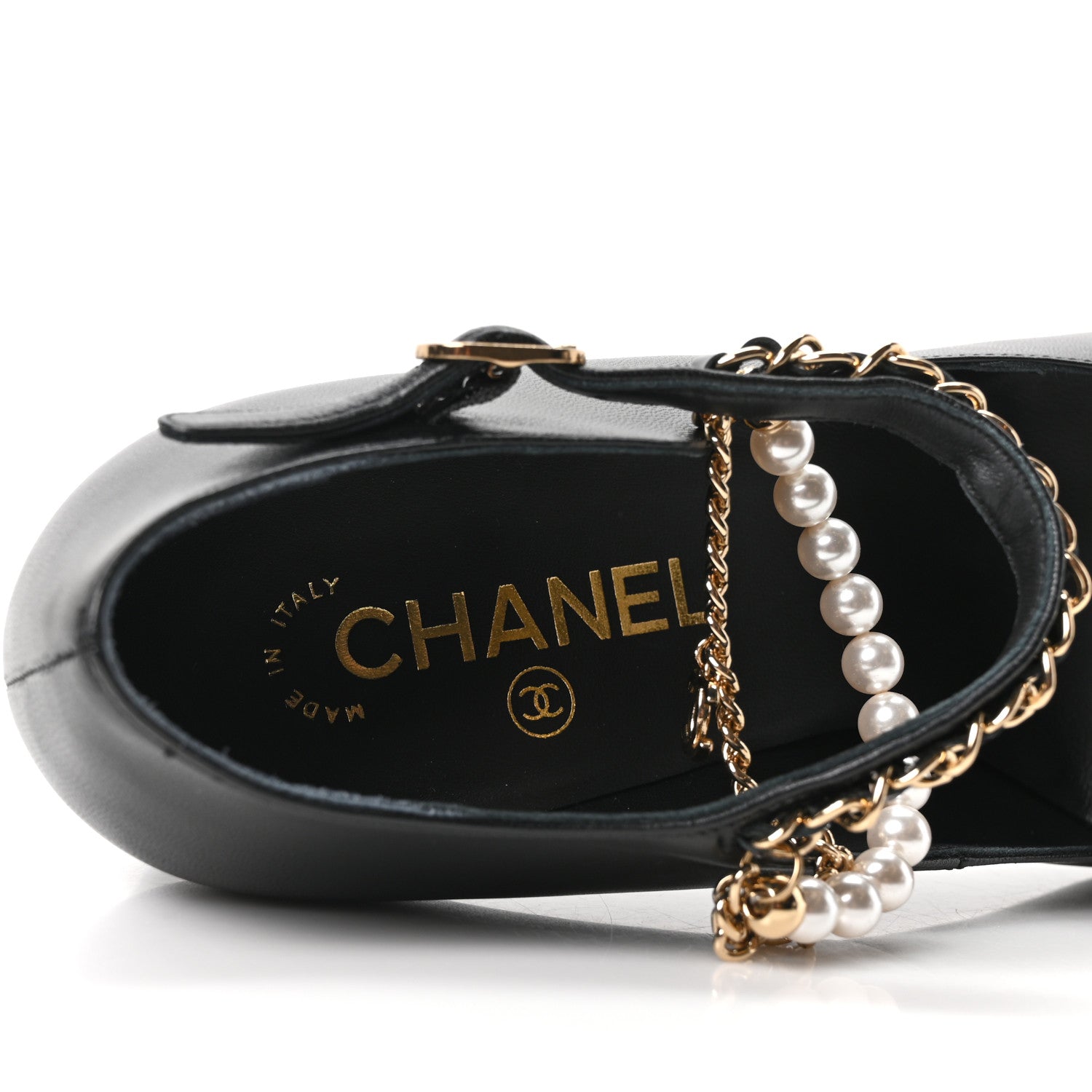Chanel Shiny Lambskin Patent Calfskin Cap Toe Ankle Pearl Chain Pumps 39.5 Black 15 of 20