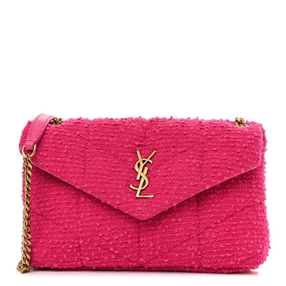 Saint Laurent Boucle Tweed Quilted Toy Loulou Puffer Monogram Chain Satchel Magenta 1 of 11