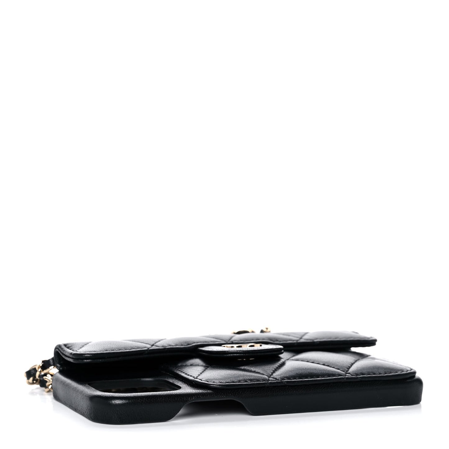 Lambskin Quilted Pearl Crush iPhone XII Pro Holder With Chain Black