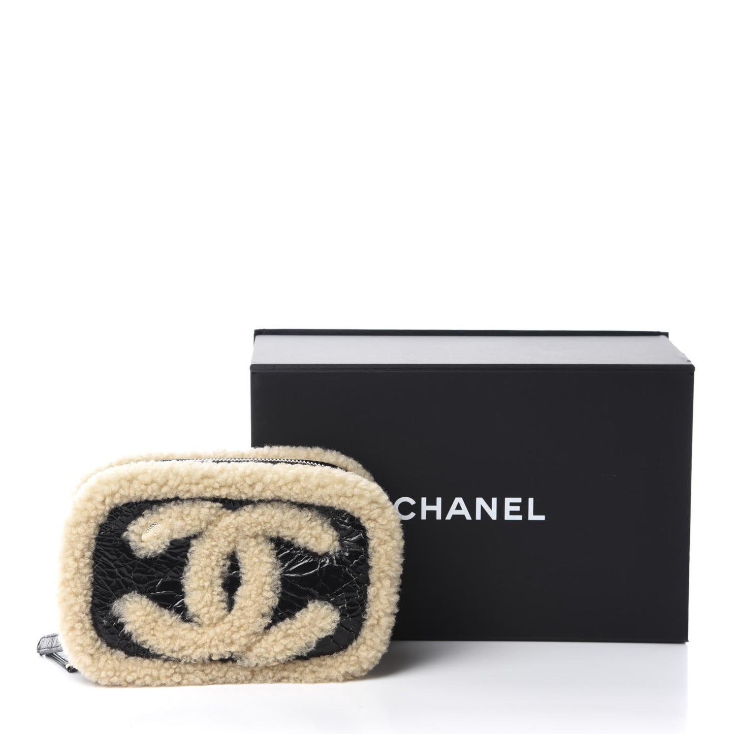 Shiny Crumpled Sheepskin Shearling Waist Bag Black Beige