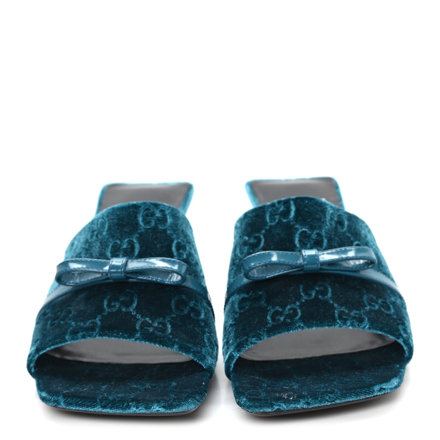New Velvet Ashmir Regent Calfskin GG Monogram Square Toe Bow 45mm Slide Sandals Peacock Blue 39.5