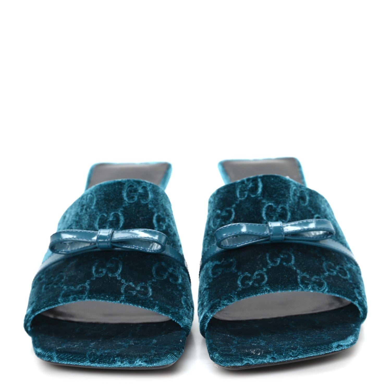 Gucci New Velvet Ashmir Regent Calfskin GG Monogram Square Toe Bow 45mm Slide Sandals Peacock Blue 39.5 3 of 9