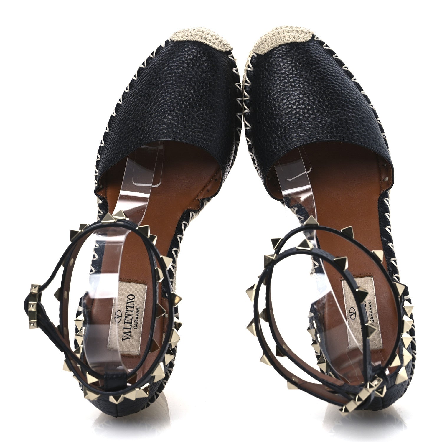 Valentino Garavani Grained Calfskin Rockstud Ankle Wrap Espadrille 15/85mm Wedges 38 Black Light Cuir 2 of 10