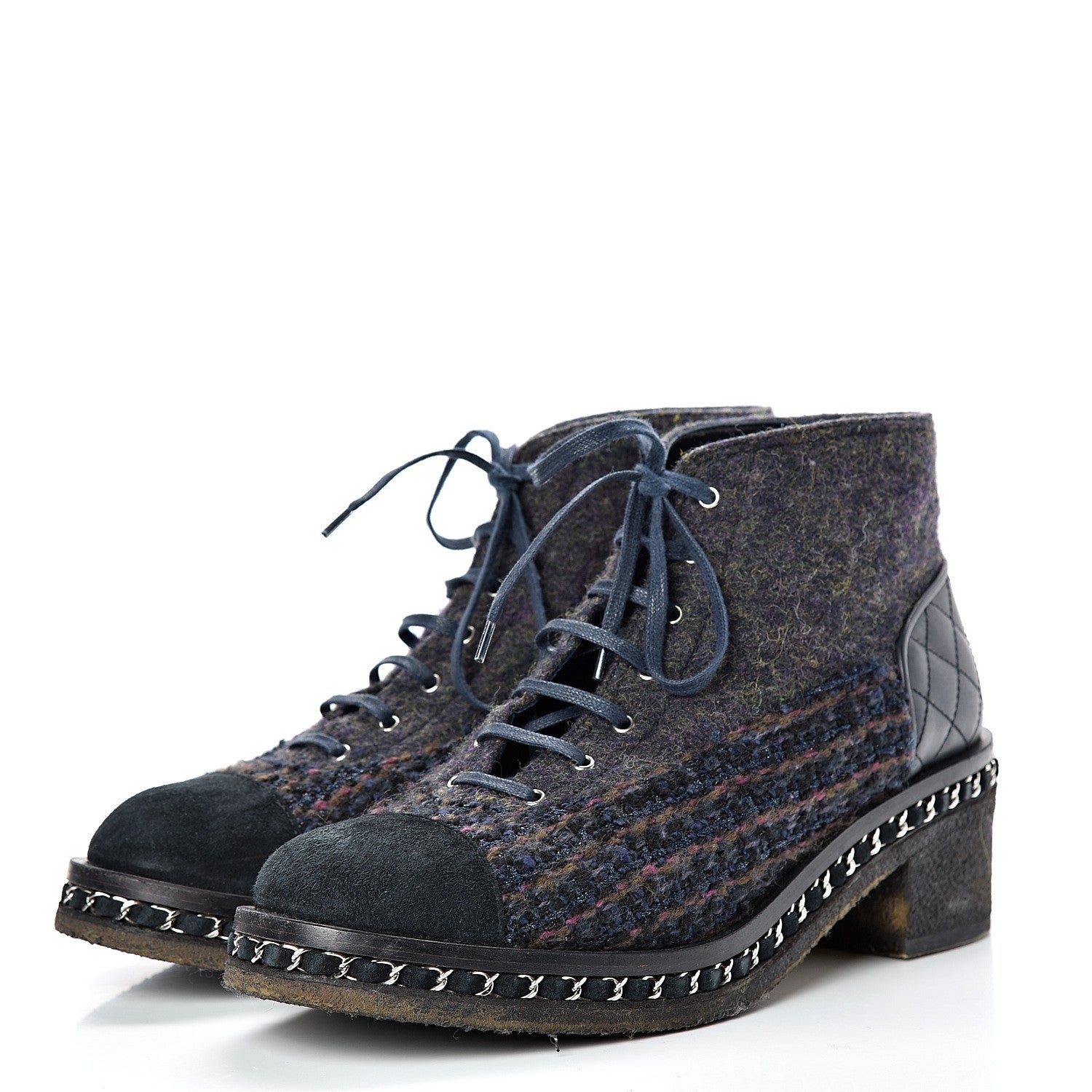 Chanel Wool Calfskin Tweed Lace Up Boots 42 Navy 3 of 12