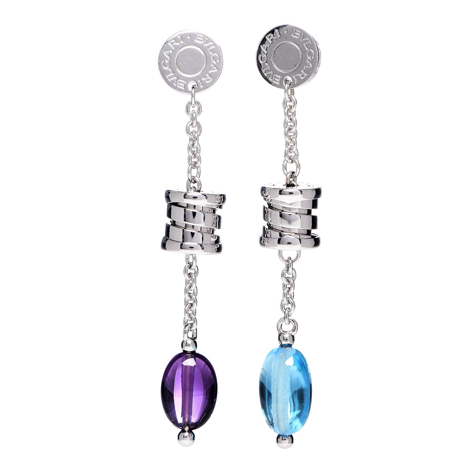 Bulgari 18K White Gold Amethyst Blue Topaz B.Zero1 Drop Earrings 1 of 4