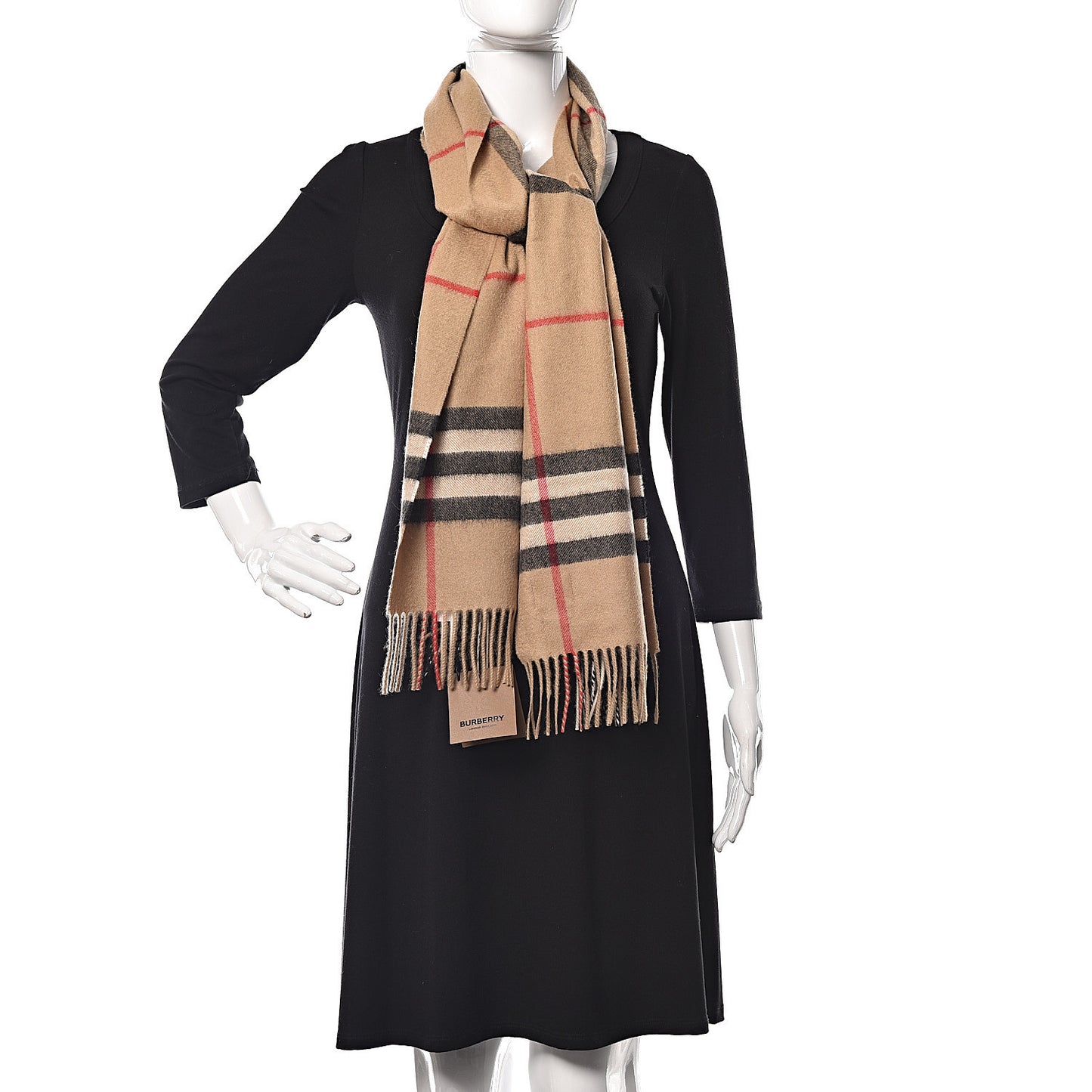 Cashmere Giant Check Fringe Scarf Archive Beige