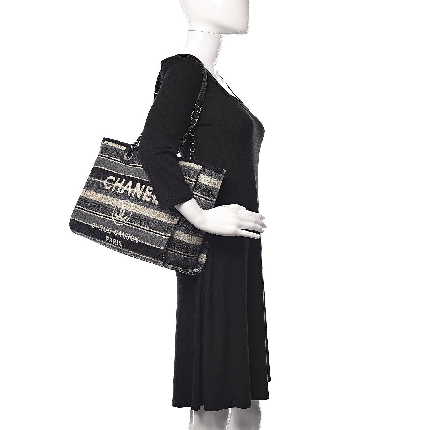 Chanel Striped Canvas Small Deauville Tote Dark Grey 2 of 10