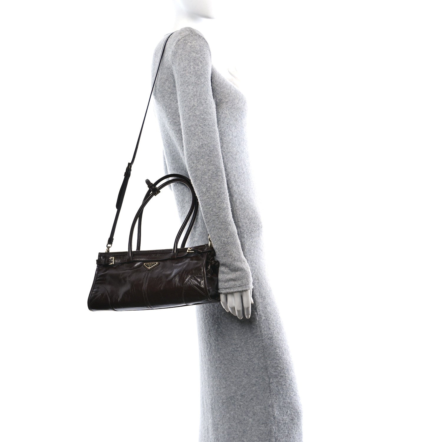 Prada Glossy Calfskin Triangle Medium Bonnie Shoulder Bag Dark Brown 2 of 11