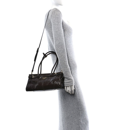 Prada Glossy Calfskin Triangle Medium Bonnie Shoulder Bag Dark Brown 2 of 11