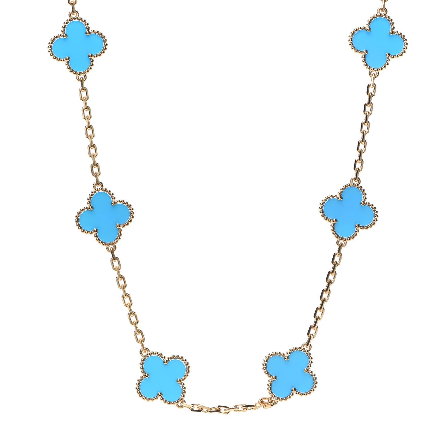 18K Yellow Gold Blue Agate 10 Motifs Vintage Alhambra Necklace