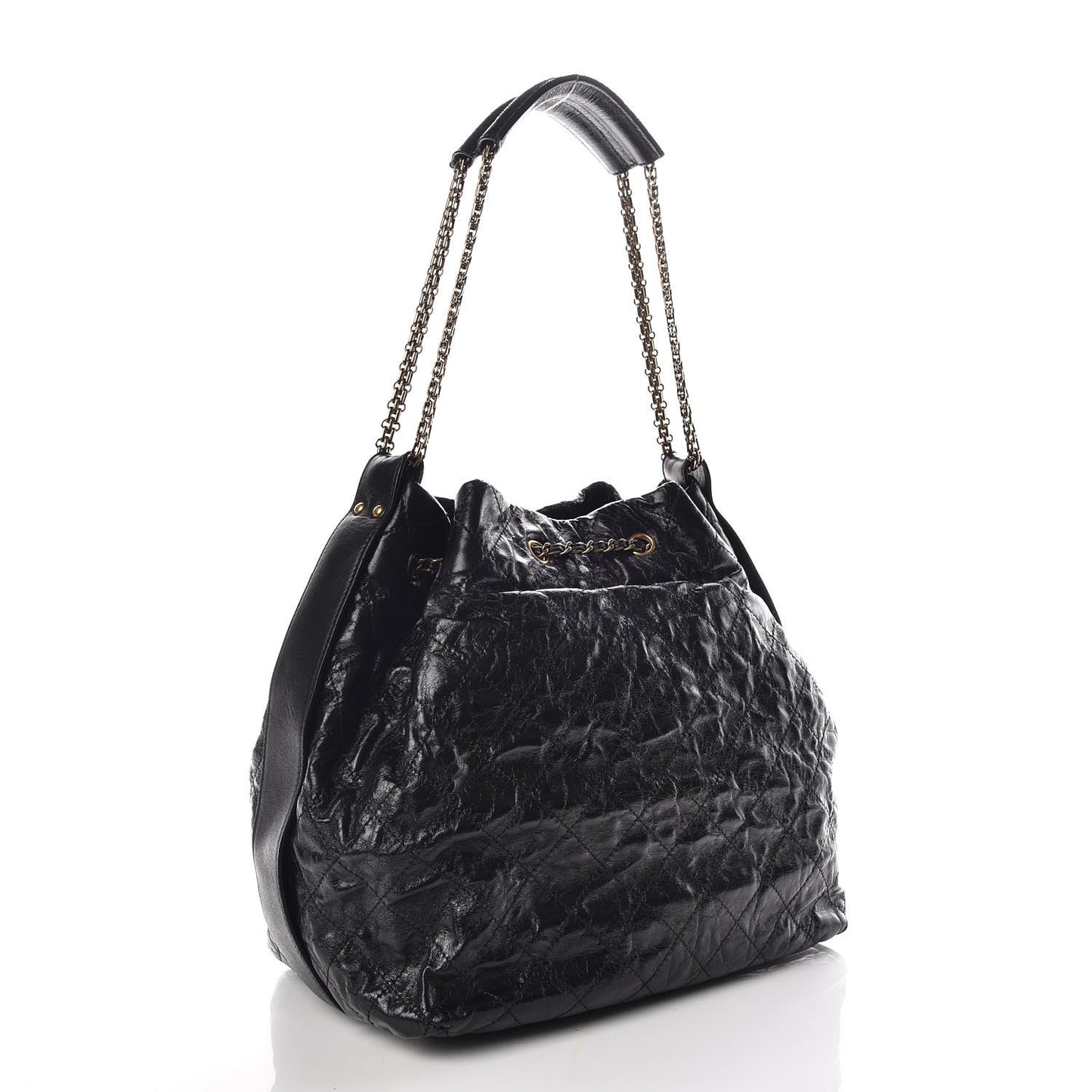 Glazed Calfskin Stingray Drawstring Bucket Black