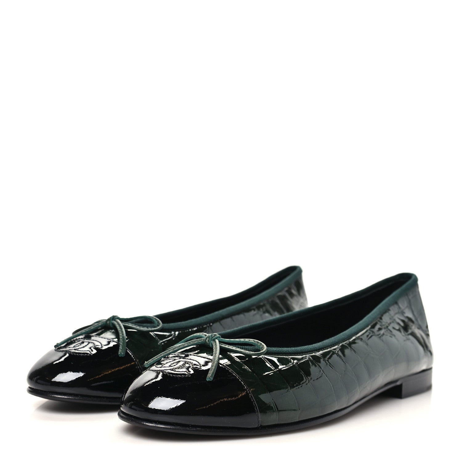 Chanel Patent Calfskin Crocodile Embossed Ballerina Flats 41 Dark Green Black 4 of 10