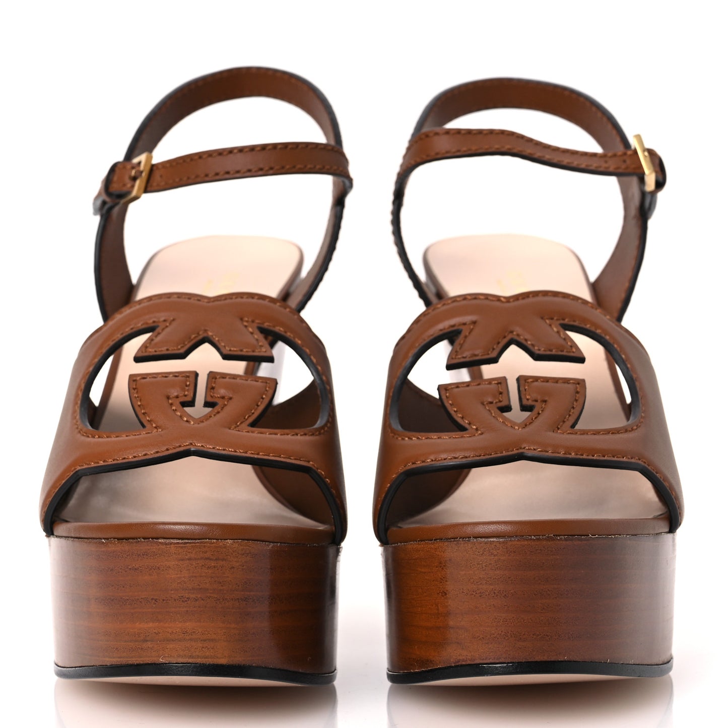 Cosmos Softy Calfskin Wooden Interlocking G Cut-Out 30/120mm Platform Sandals 38.5 Cuir