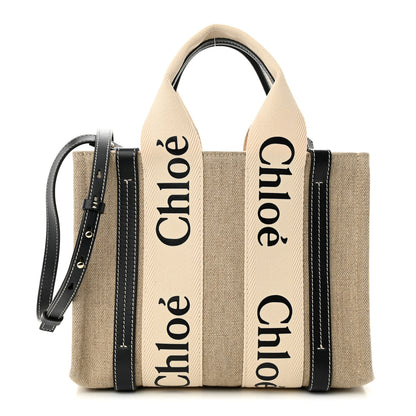 Chloe Linen Calfskin Small Woody Ribbon Tote White Black 1 of 10