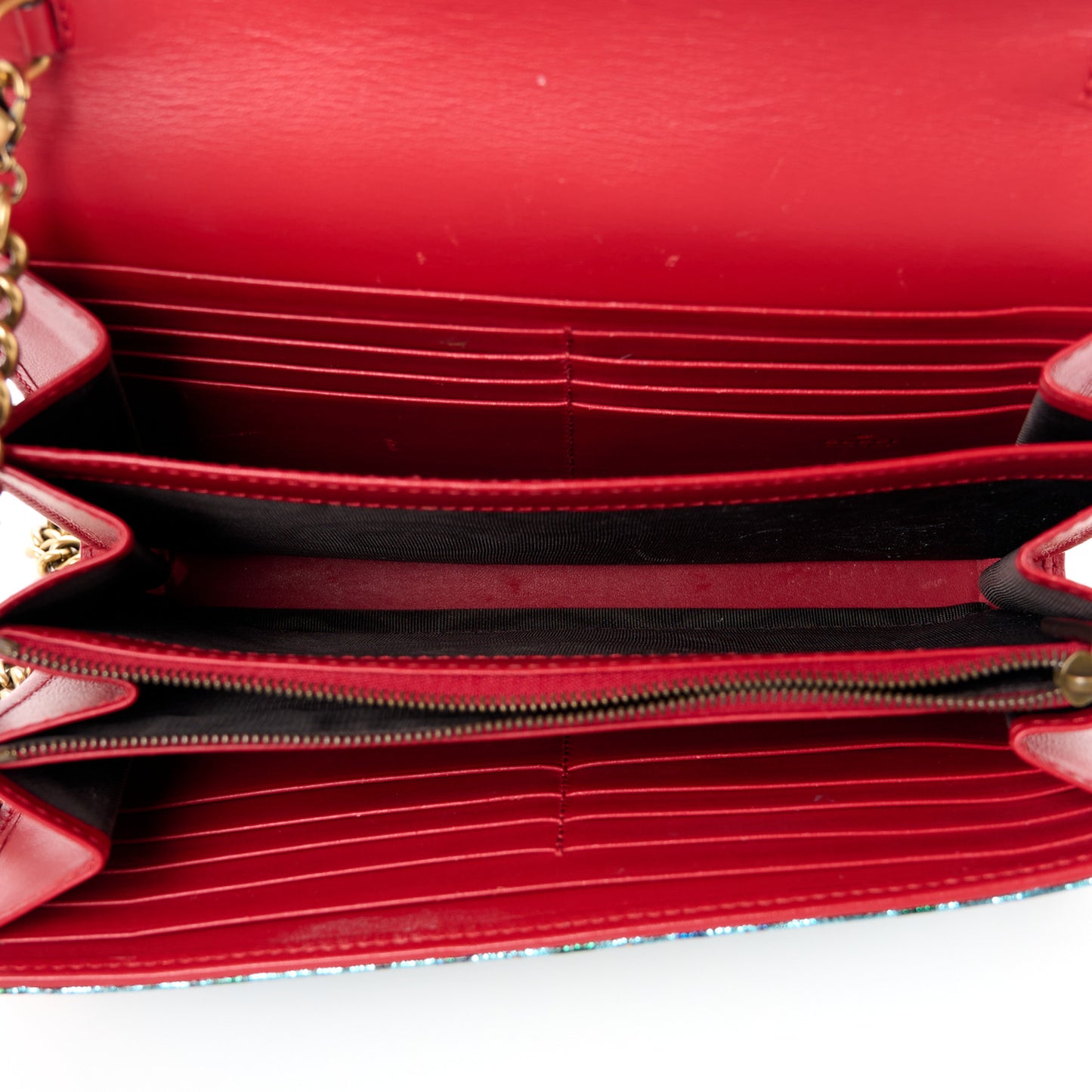 Metallic Brocade Calfskin Mini Dionysus Chain Wallet Black Blue Azure