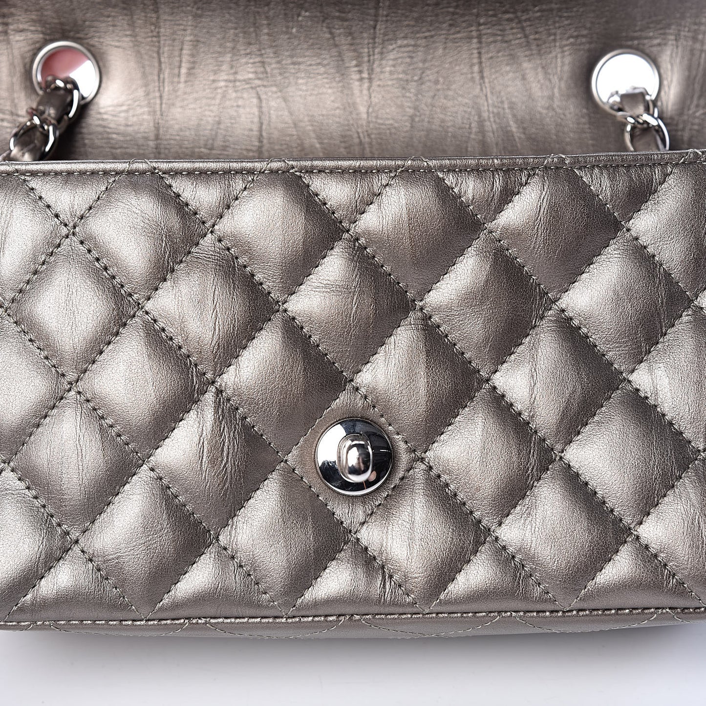 Iridescent Calfskin Quilted Mini Rectangular Flap Dark Silver