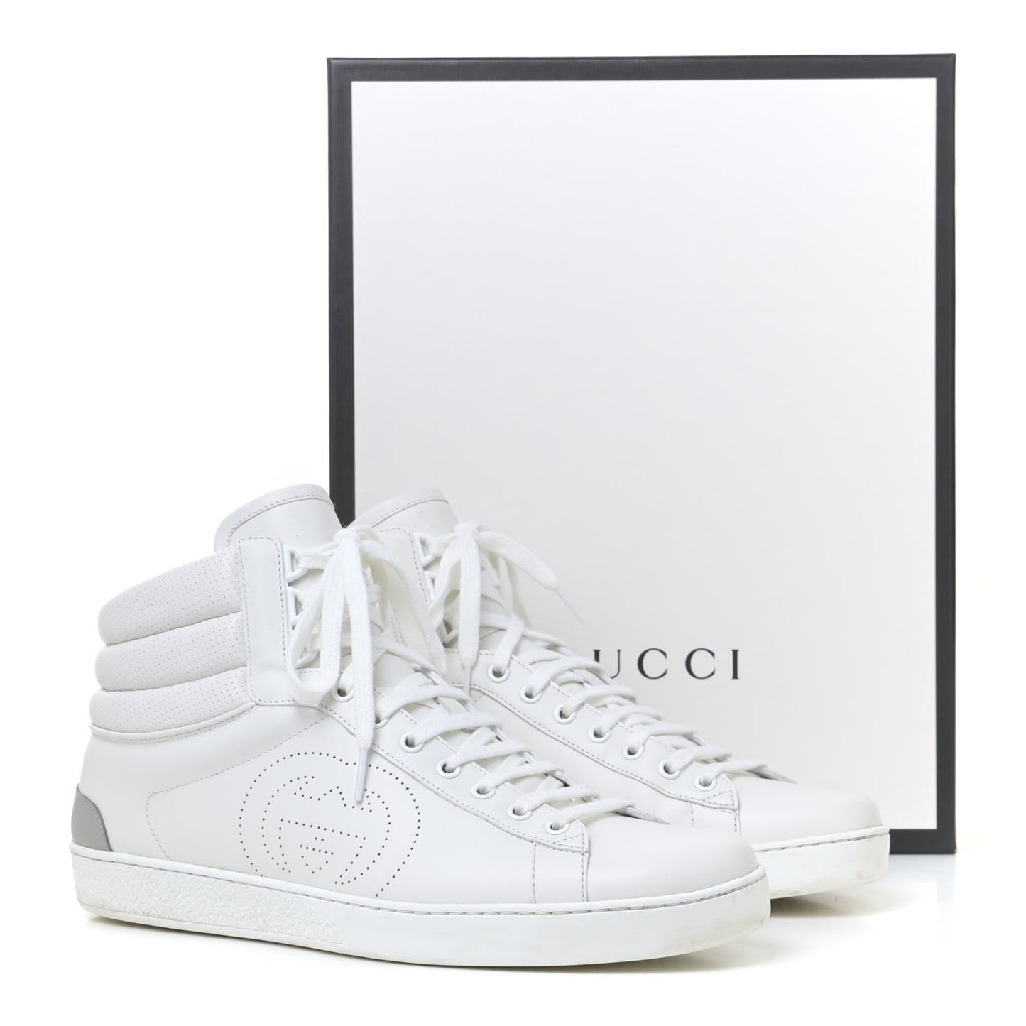 Calfskin Interlocking G Perforated Mens Ace High Top Sneakers 10 White Great White Grey Sky