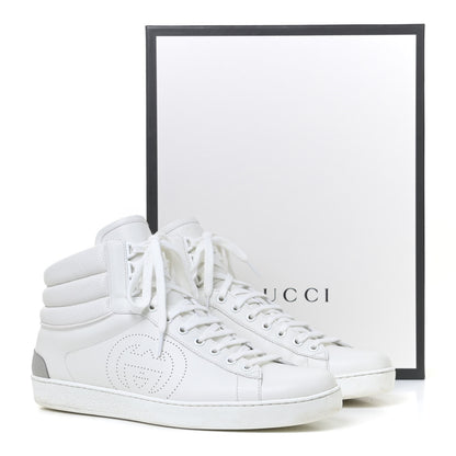 Gucci Calfskin Interlocking G Perforated Mens Ace High Top Sneakers 10 White Great White Grey Sky 11 of 15
