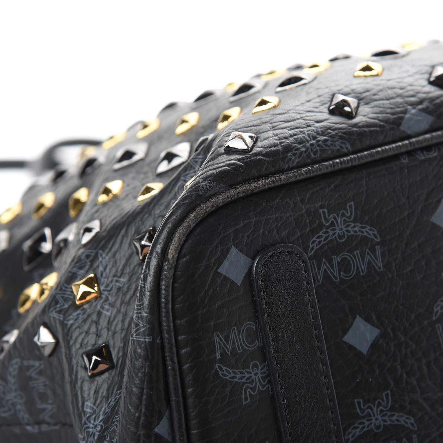 MCM Visetos Studded Medium Bi-Color Shopper Tote Black Cognac 10 of 15