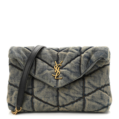 Saint Laurent Denim Quilted Toy Loulou Puffer Monogram Chain Satchel Blue Black 1 of 10