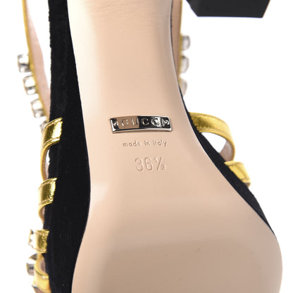 Gucci Velvet Nappa Crystal Zephyra Slingback Platform High Heel Sandals 36.5 Black Gold 6 of 9